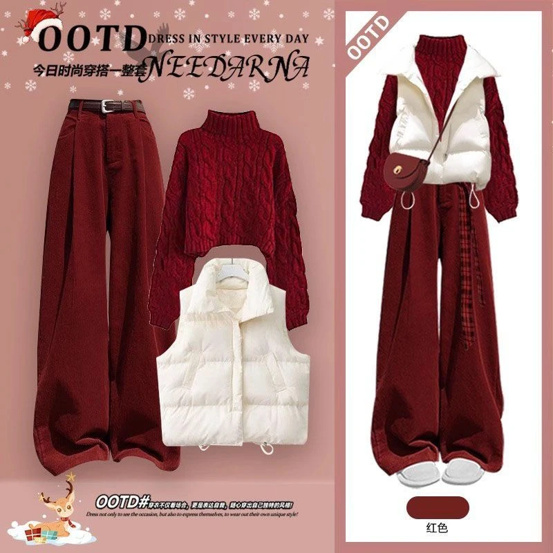 冬季套装女2025新款女学院风棉服马甲红色毛衣加绒阔腿裤三件套