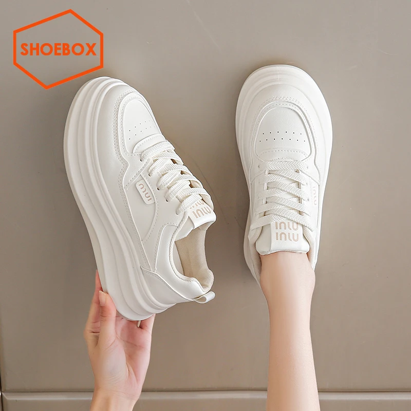 SHOEBOX皮面白色厚底鞋子女2025新款秋季百搭网红休闲板鞋