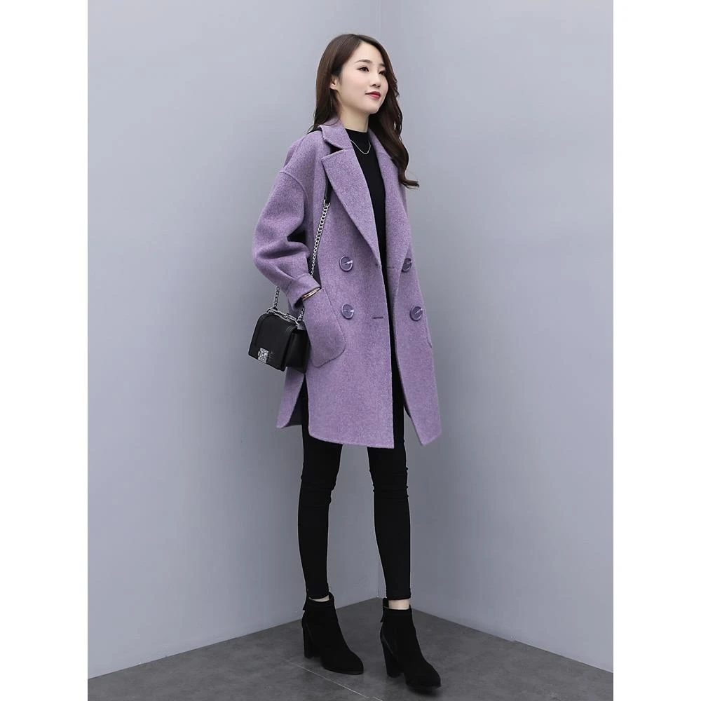 2024秋春新款韩式中长灯袖女式小紫毛呢外衣