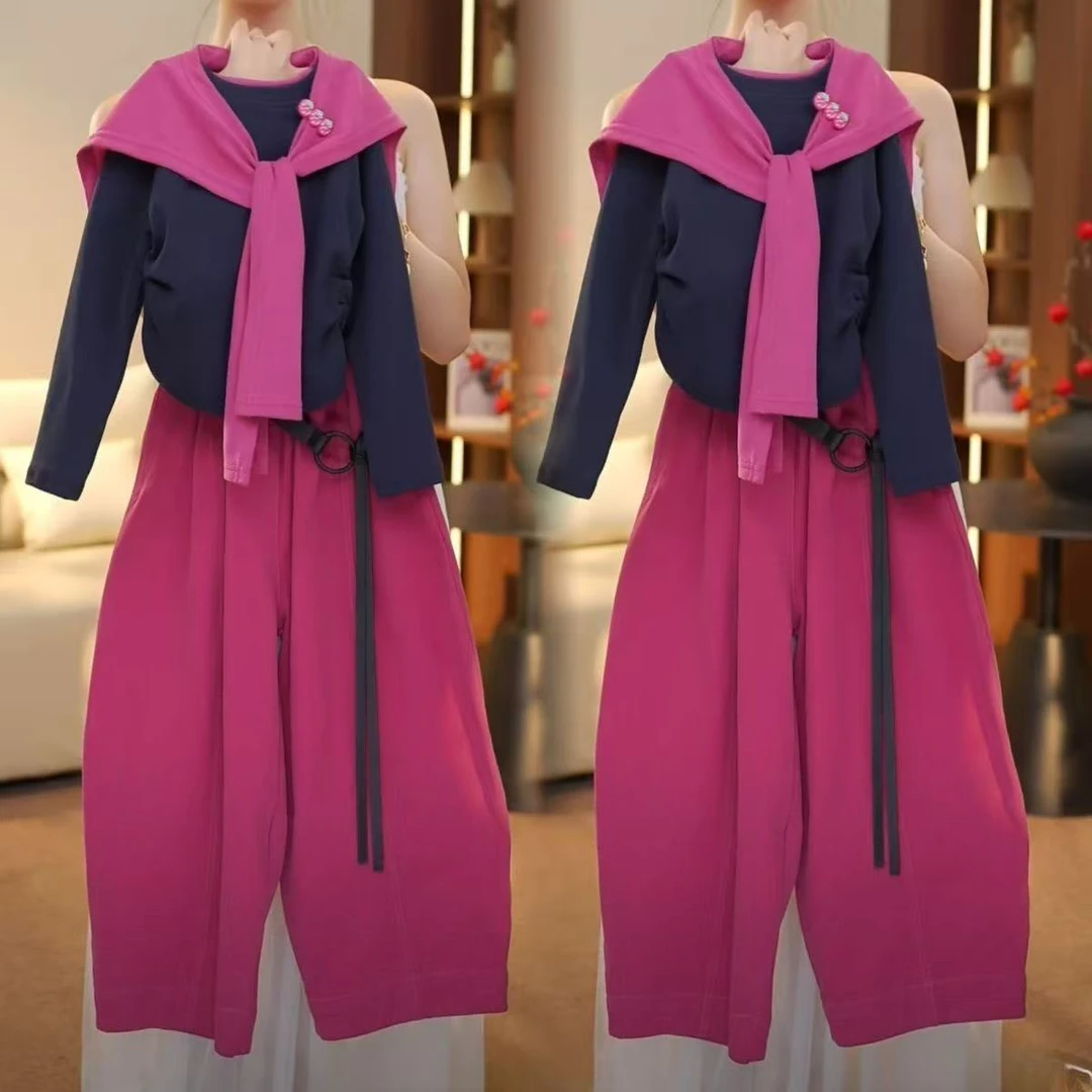 女童秋季套装2025新款中大童女孩多巴胺外穿上衣时尚阔腿裤两件套