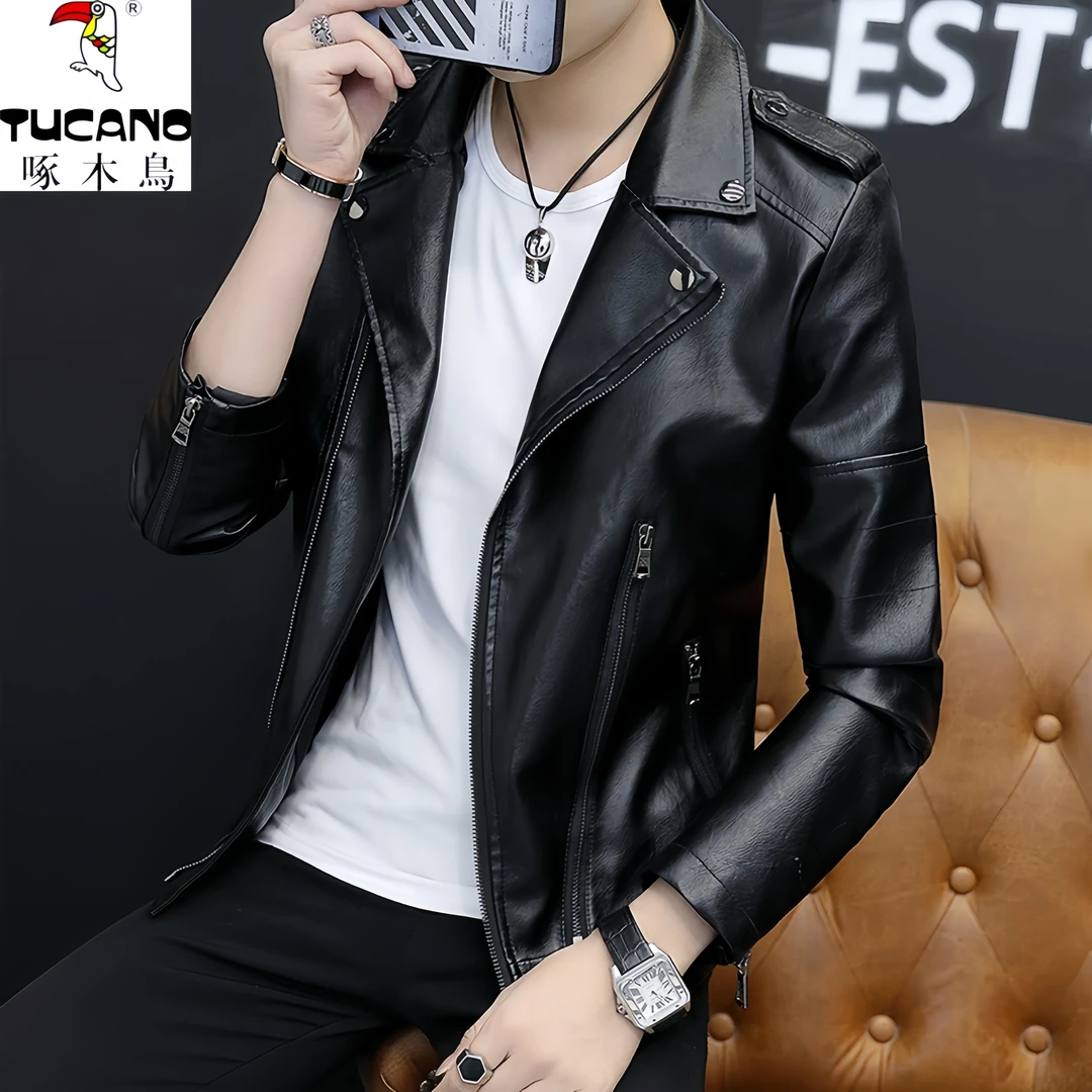啄木鸟皮衣商务帅气男士时尚休闲薄款潮流加绒修身高档百搭上衣男