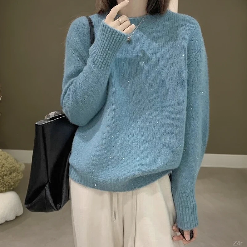 春秋新款百搭针织衫女圆领慵懒宽松点子纱针织长袖毛衣外套上衣