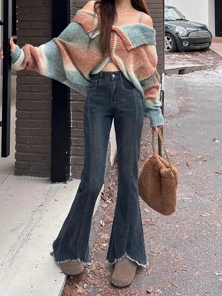 复古牛仔裤女2025春季新款喇叭裤梨形身材大码高腰显瘦休闲微喇裤