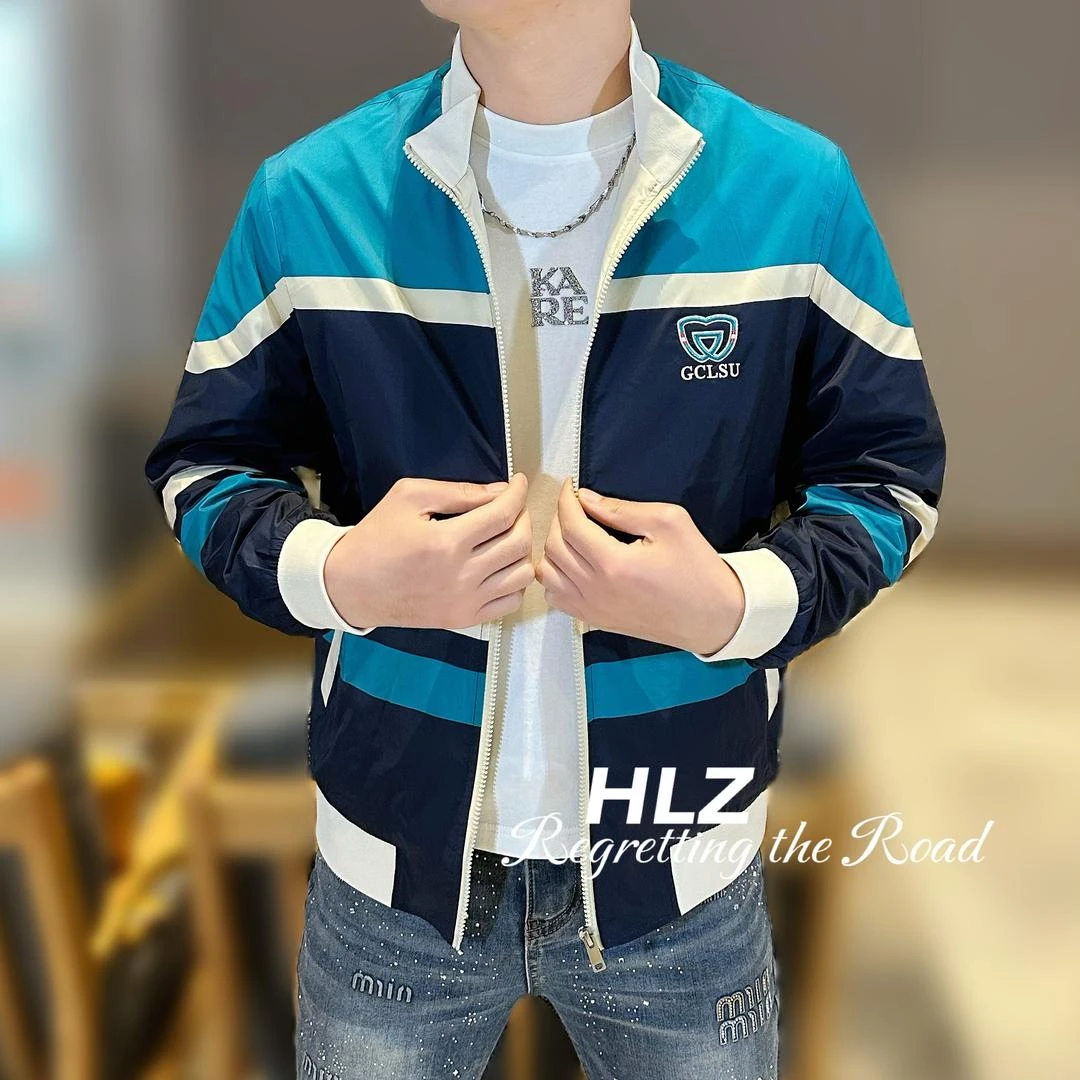 2025男士秋季新款休闲时尚个性撞色刺绣胸标帅气立领百搭夹克外套