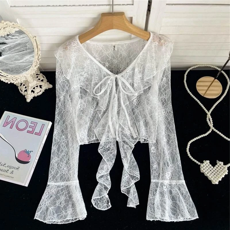 甜美小清新喇叭袖系带蕾丝开衫女夏季荷叶边薄款长袖衣罩衫