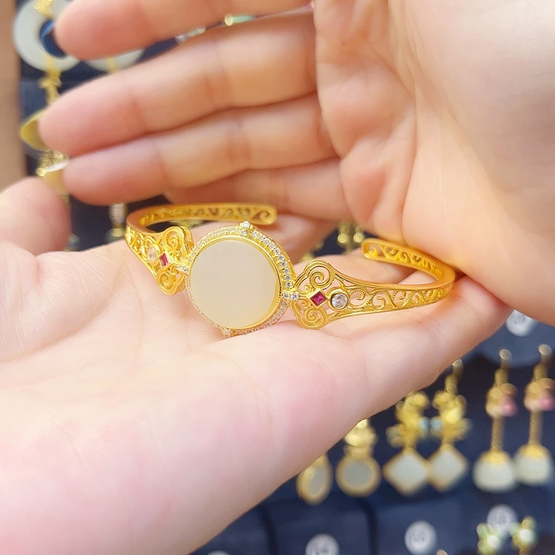 和田玉银S925镀金镶嵌手镯