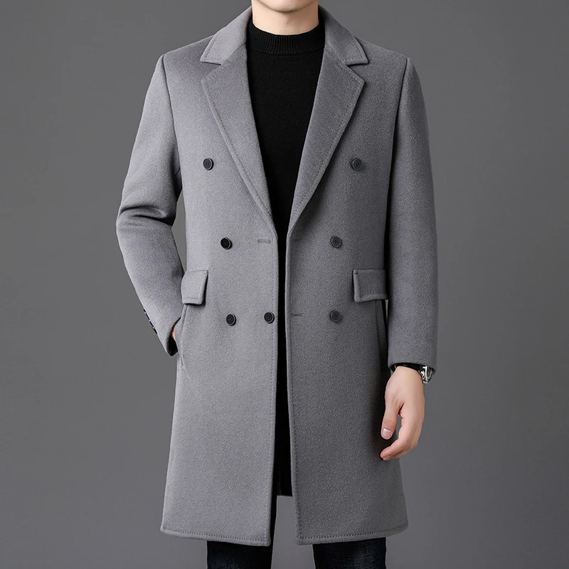 品牌高档冬季双面尼羊毛大衣新款男士西装领长款羊毛风衣呢子外套
