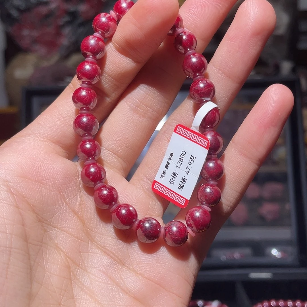 天然辰砂o****s原矿晶体8mm手串47.9克