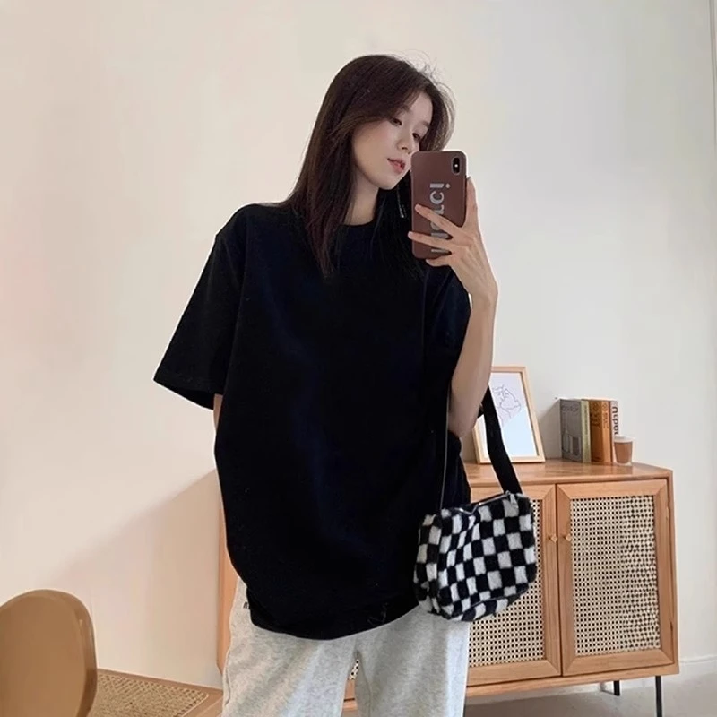 胖mm300斤黑色短袖t恤女新款夏季纯色宽松百搭显瘦圆领半袖上衣潮