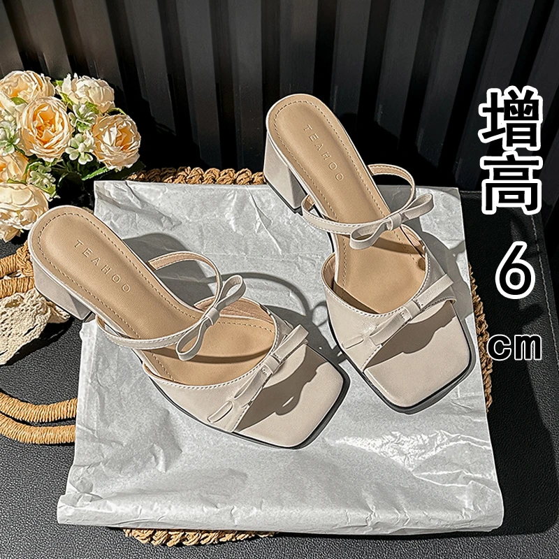 方头增高6cm小个子一脚蹬蝴蝶结舒适小众法式配裙子粗跟凉拖鞋女