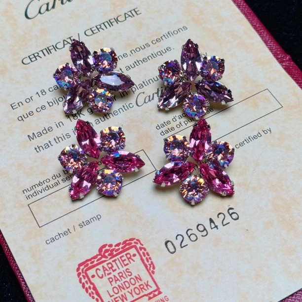 铜合金合成锆石耳饰 进口设计师手工闪烁花朵超轻耳钉气质时尚