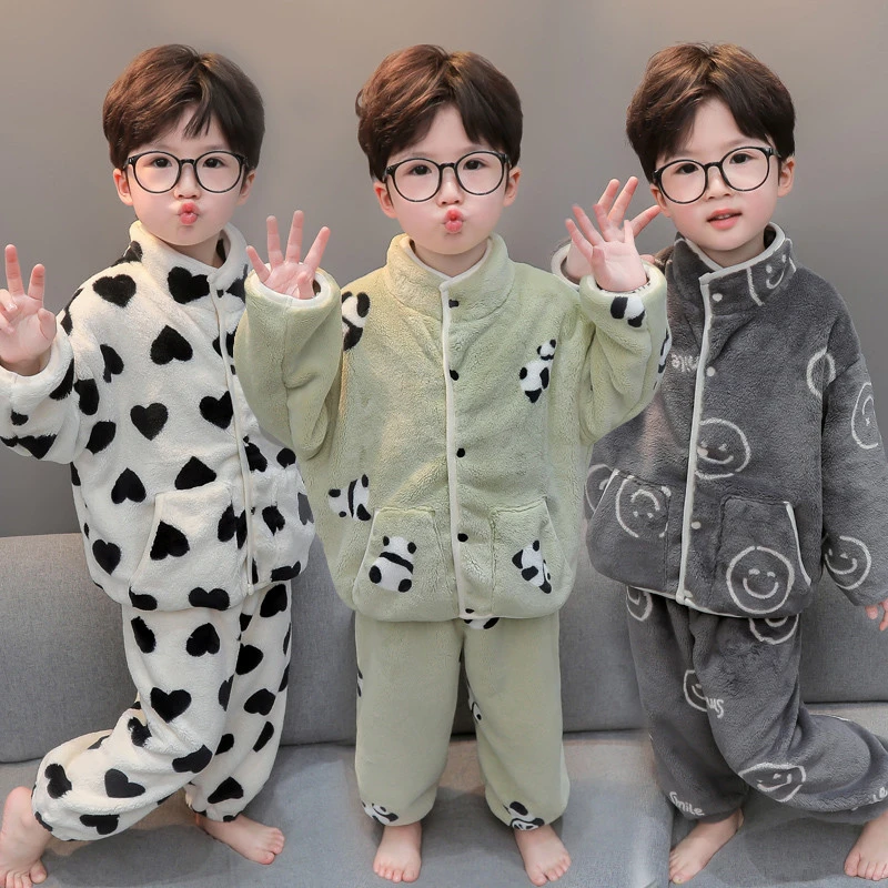 男童法兰绒分体套装儿童珊瑚绒睡衣秋冬新款卡通开衫男宝宝家居服