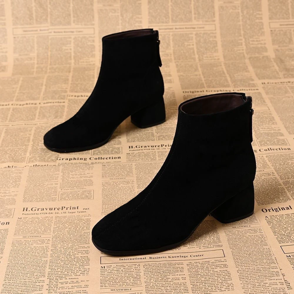 2025新款磨砂皮短靴粗跟方头百搭气质绒面瘦瘦靴子中跟加绒马丁靴