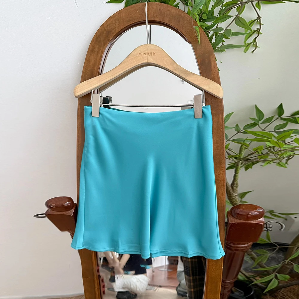 斯嘉丽的半裙 蓝色缎面斜裁半身裙女夏季高级感韩系气质修身短裙