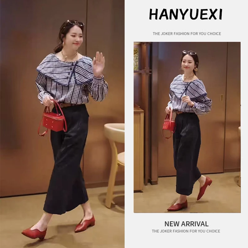 今年流行穿搭一整套2025新款荷叶领长袖设计感格子衬衫阔腿裤套装