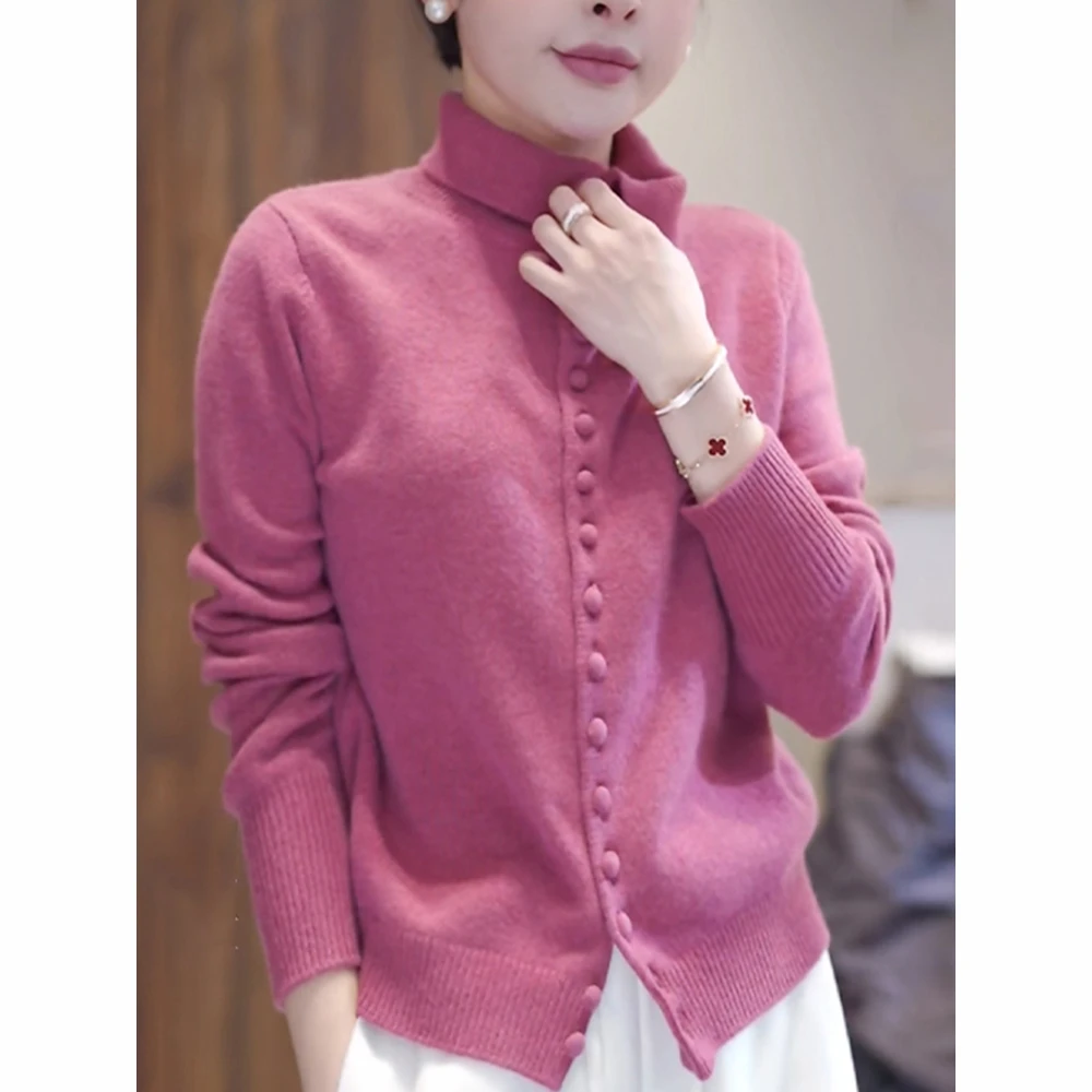 高领长袖针织开衫女2025秋冬新款高级感软糯洋气减龄毛衣外套上衣