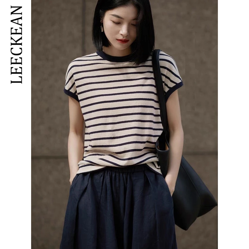 【尖货甄选】条纹针织短袖t恤女2025新款夏季洋气宽松正肩显瘦上衣