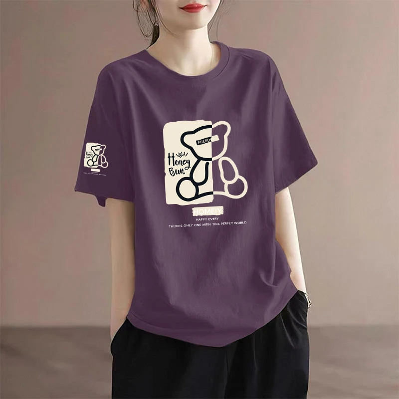 2025夏季新款韩版印花t恤衫女100%纯棉短袖胖mm气质宽松大码上衣