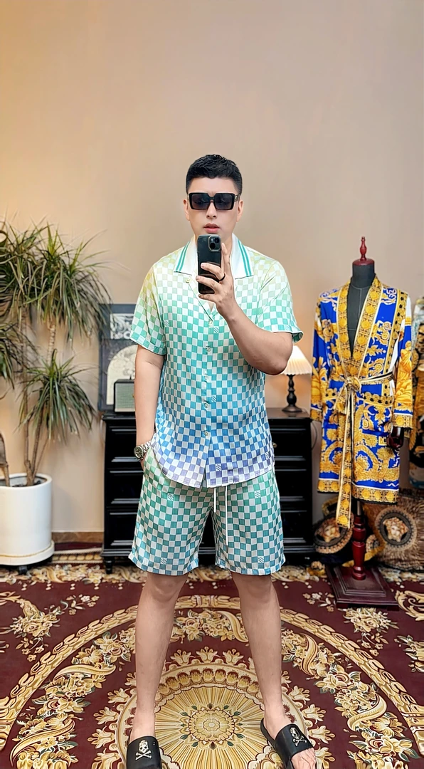 短袖短裤套装-玫瑰贡缎面料轻奢时尚情侣款家居服饰可外穿！