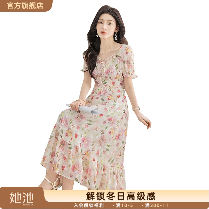 欧若风2025夏装新款女装收腰显瘦短袖碎花茶歇连衣裙S52B1861L