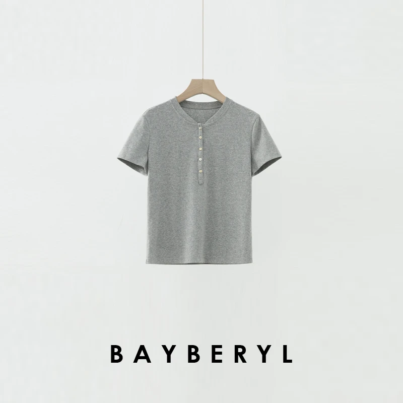 BAYBERYL老贝半扣T*V领纽扣百搭修身休闲短袖25春T恤NT4K2141