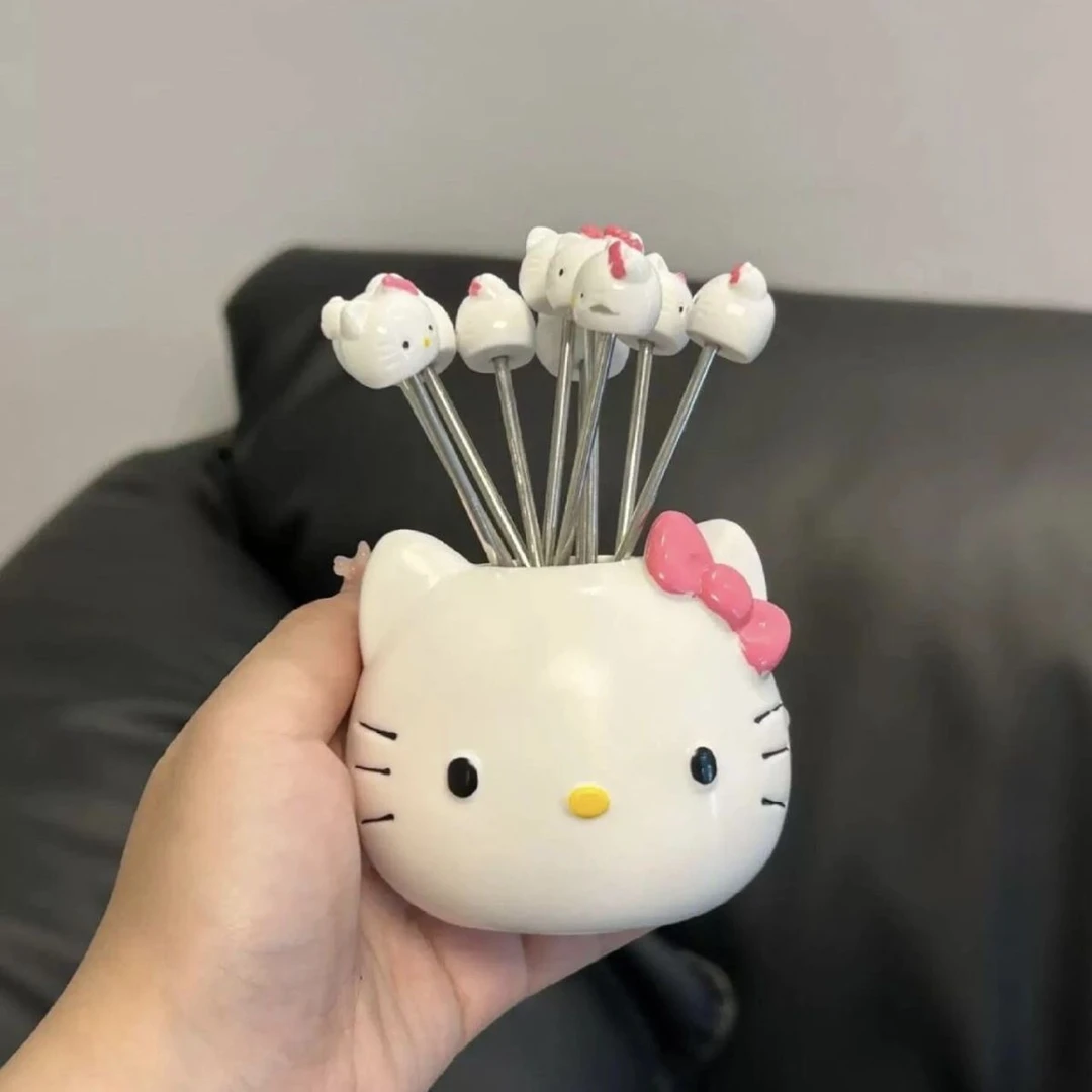 ins卡通家用创意kt凯蒂猫不锈钢水果叉子套装高颜值可爱收纳罐