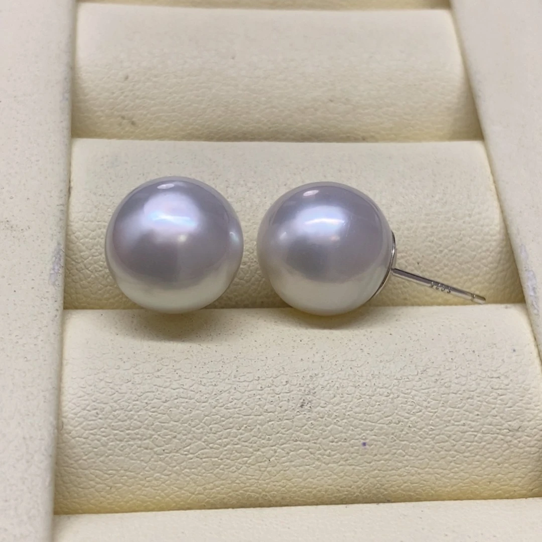 银S925镶嵌耳饰海水珍珠澳白基本正圆11.9m m