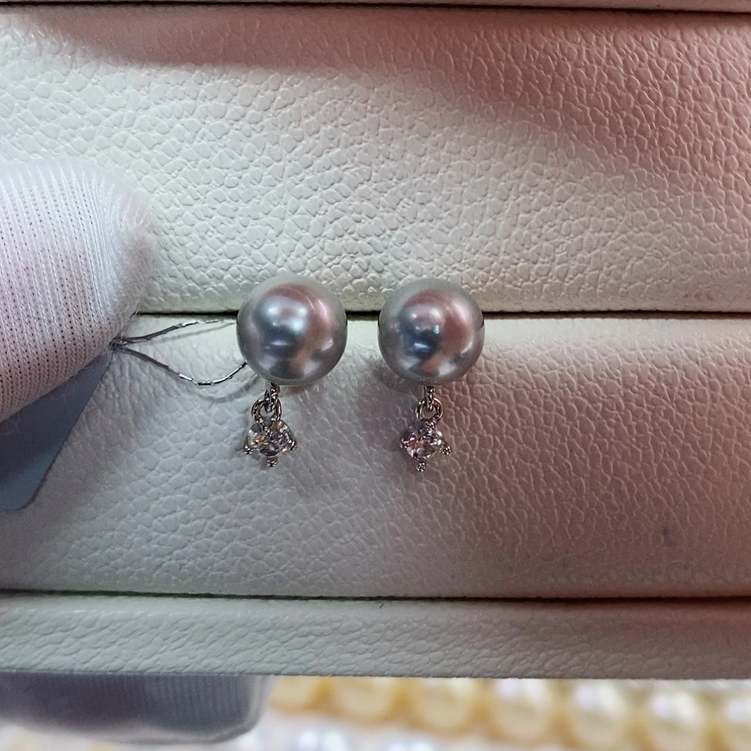 银S925镶嵌耳饰海水珍珠7-8