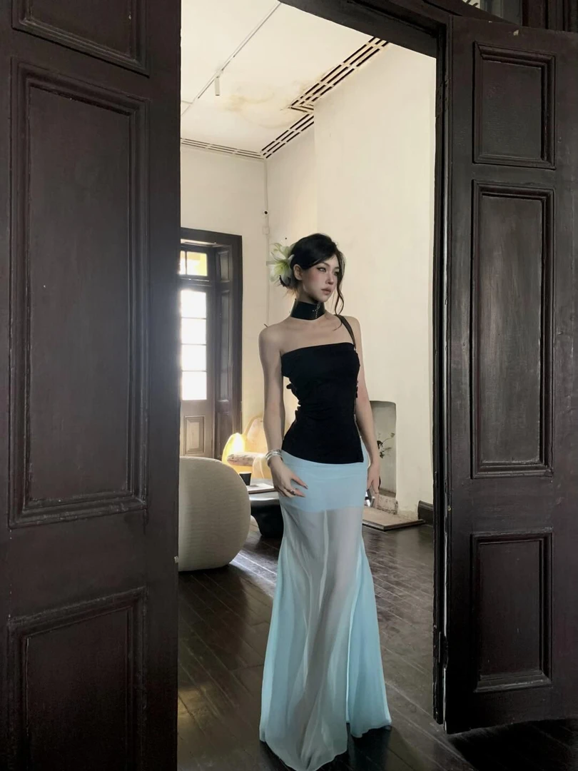 裙子长裙开叉服装鱼尾裙网纱舞蹈服吊带夏季长款修身性感蓝色套装