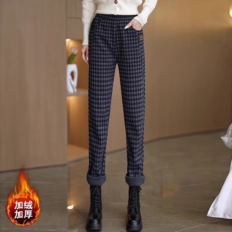 黑格休闲加绒加厚哈伦裤子女款2025冬季新款女士松紧腰显瘦直筒裤