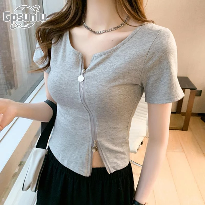 gpsunlu时尚圆领短袖开衫女小个子夏季新款设计开叉修身短款上衣