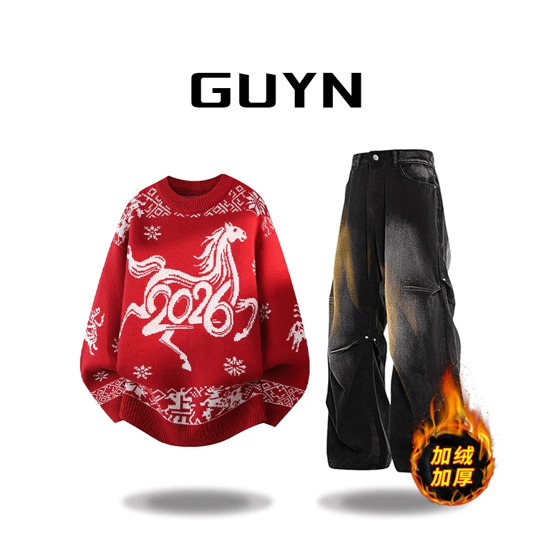 【品牌正品现货】GUYN马年提花毛衣男秋冬季加厚保暖针织衫男喜庆