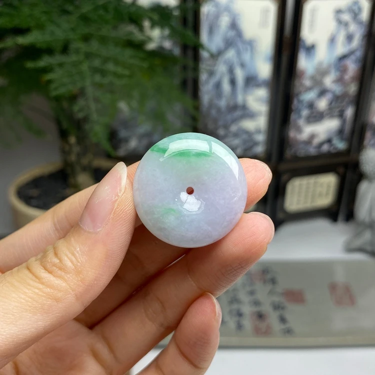 飘阳绿紫底春彩平安扣吊坠花件 天然翡翠A货