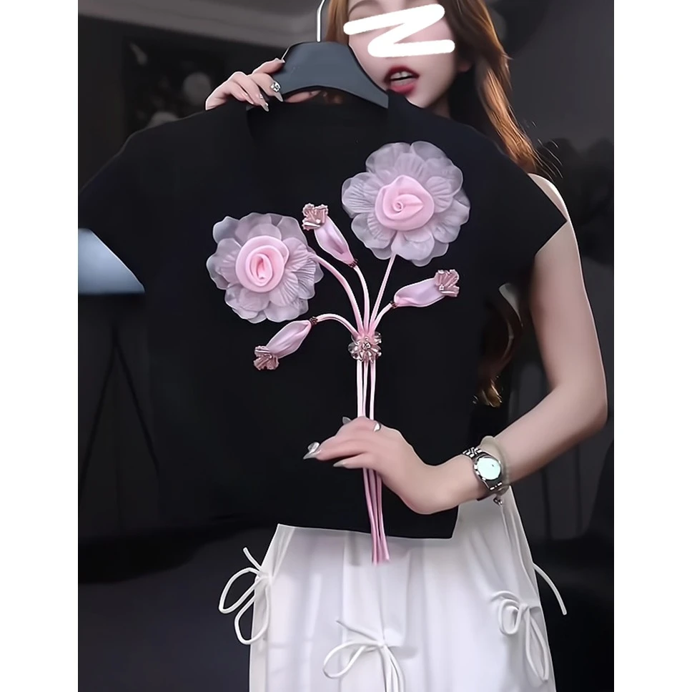 漂亮粉色立体花朵短袖T恤女夏季小众设计感独特别致上衣正肩体恤