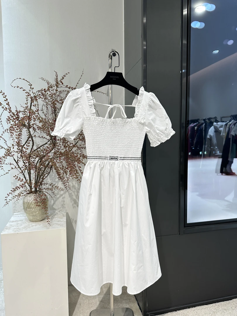 LT连衣裙气质白色时尚夏季泡泡袖方领拼接328