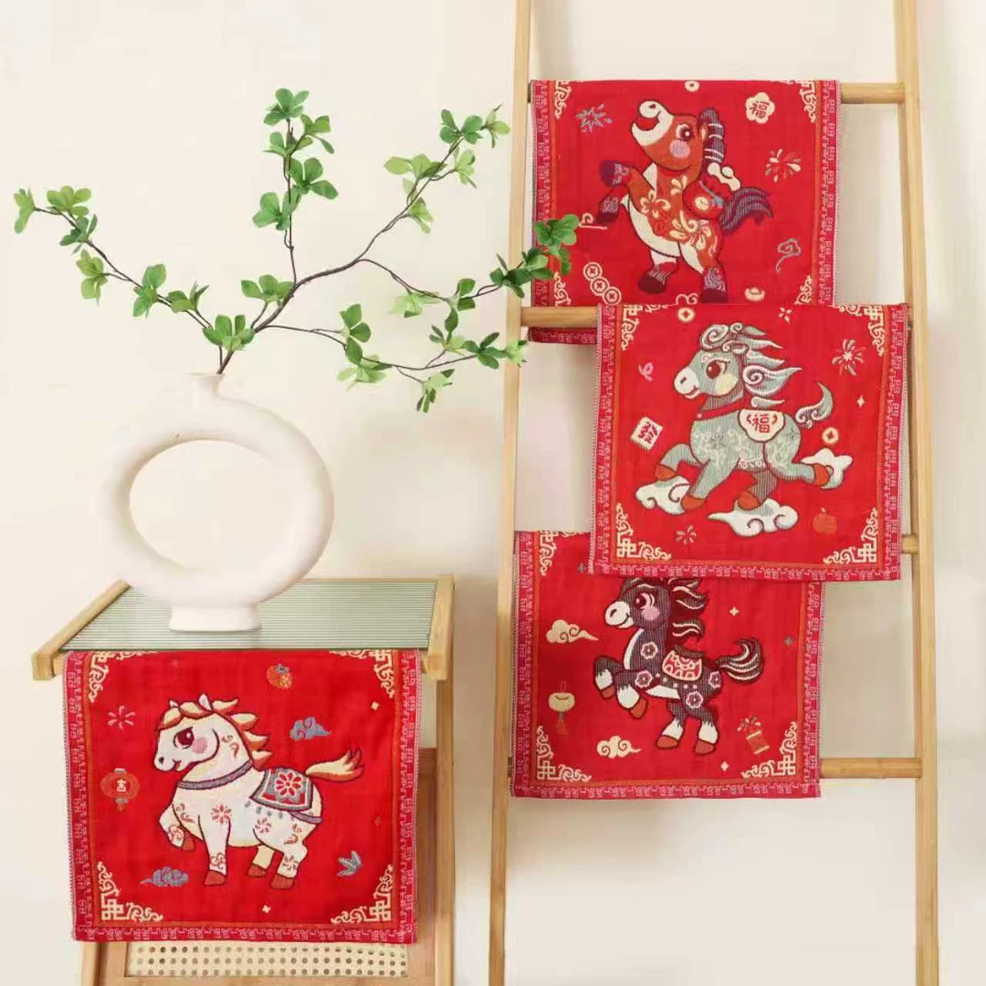 【四条装】马年吉祥物100棉方巾红色纯棉洗脸家用全棉吸水不掉毛