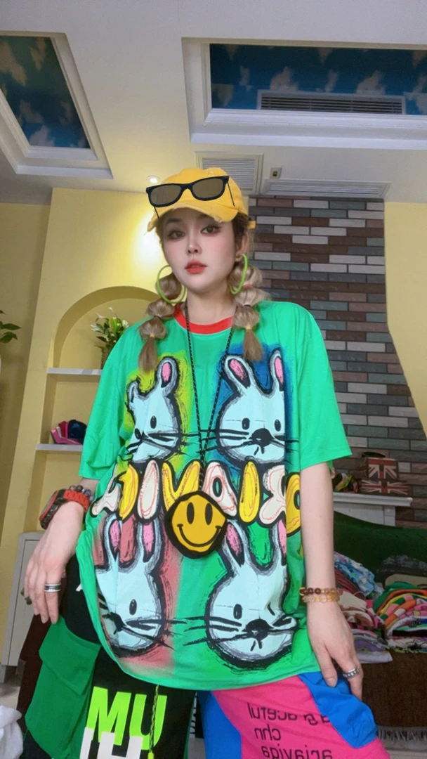 【蓉姐潮牌】超薄短袖卡通动漫四个兔子圆领T恤个性大版百搭情侣