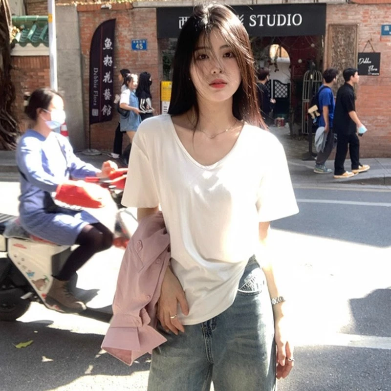 SUCVENTU领t恤女短袖白色正肩春夏秋款宽松显瘦内搭纯色上衣T恤潮