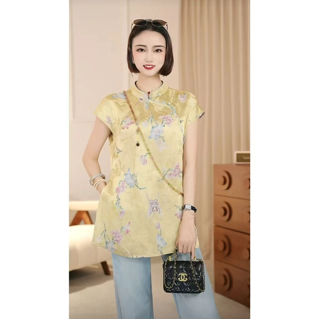 ［美伢专属］复古新中式百搭斜襟盘扣国风气质立领时尚小衫25626黄