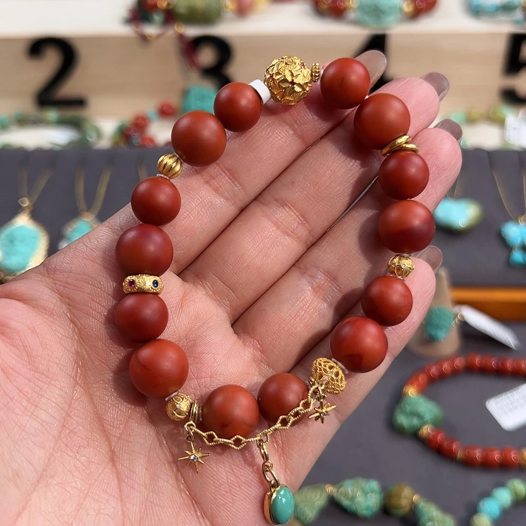 南红玛瑙18K金镶嵌手串南红圆珠手串