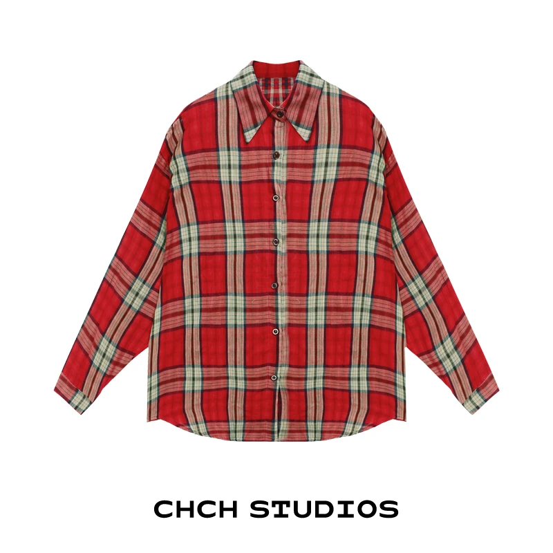 RACS73348衬衣百搭复古港风格子中性INS风长袖衬衫外套女