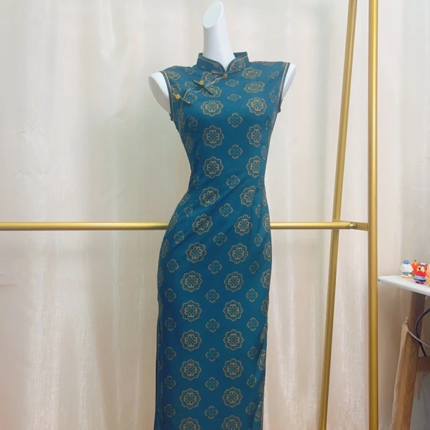 V-3210 宝相花 贡段 无袖 新中式 夏款年轻款改良旗袍120cm长款