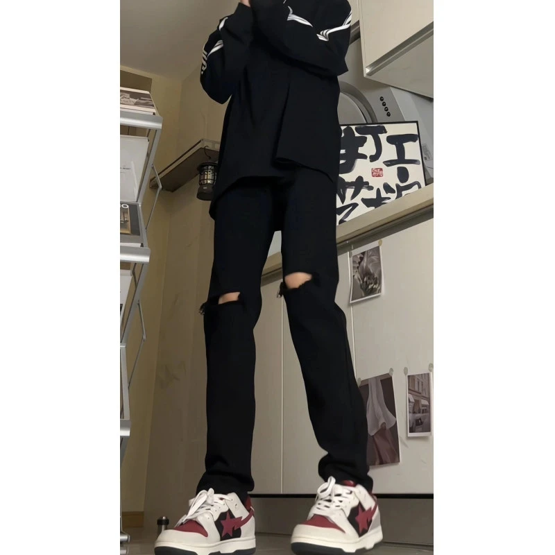 黑色破洞牛仔裤男款春季新款弹力修身乞丐裤美式高街cleanfit裤子