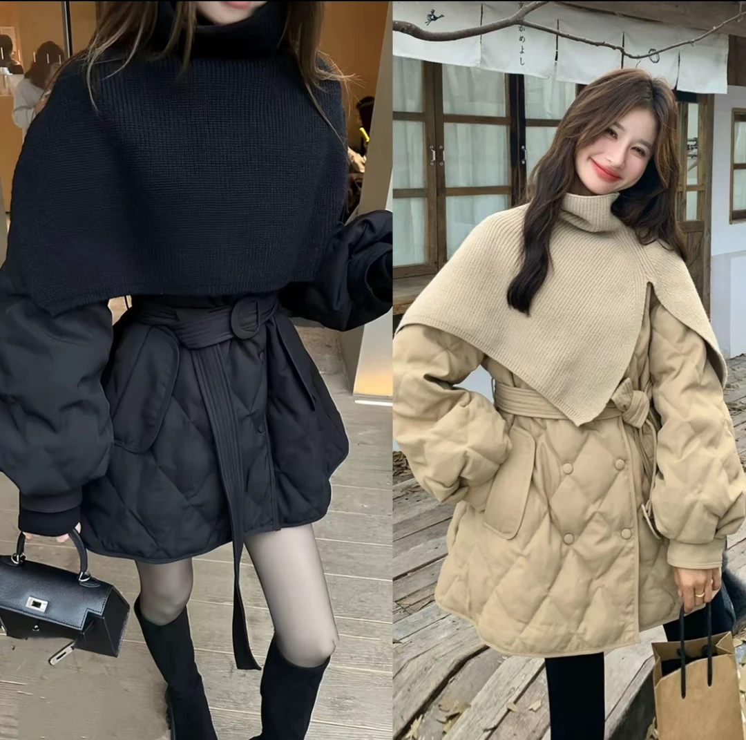 【格子家】针织披肩小香风羽绒服冬季新款收腰显瘦白鸭绒外套0985