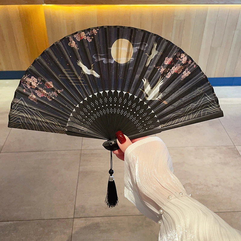 国风扇子新中式古风折扇黑色素雅小巧随身携带汉服折扇绢扇竹扇