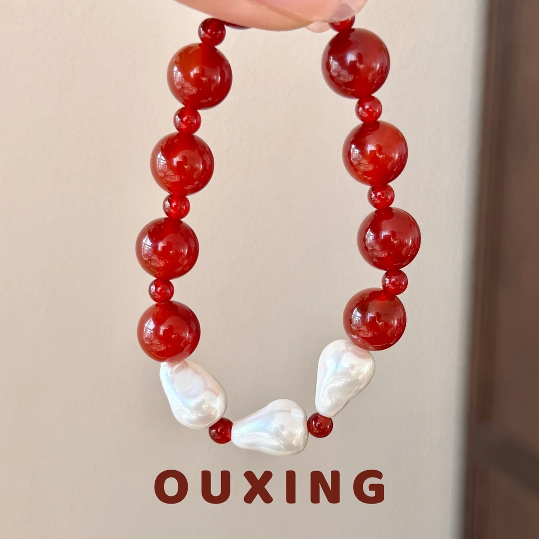 OUXING 非金属仿珍珠手链 [露华浓]轻奢时尚百搭简约红色喜庆手串