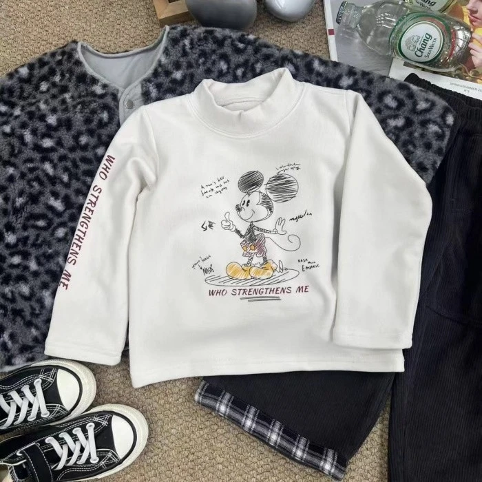 儿童春秋德绒T恤新款加绒可爱衣服卡通字母印花休闲杏色打底衫