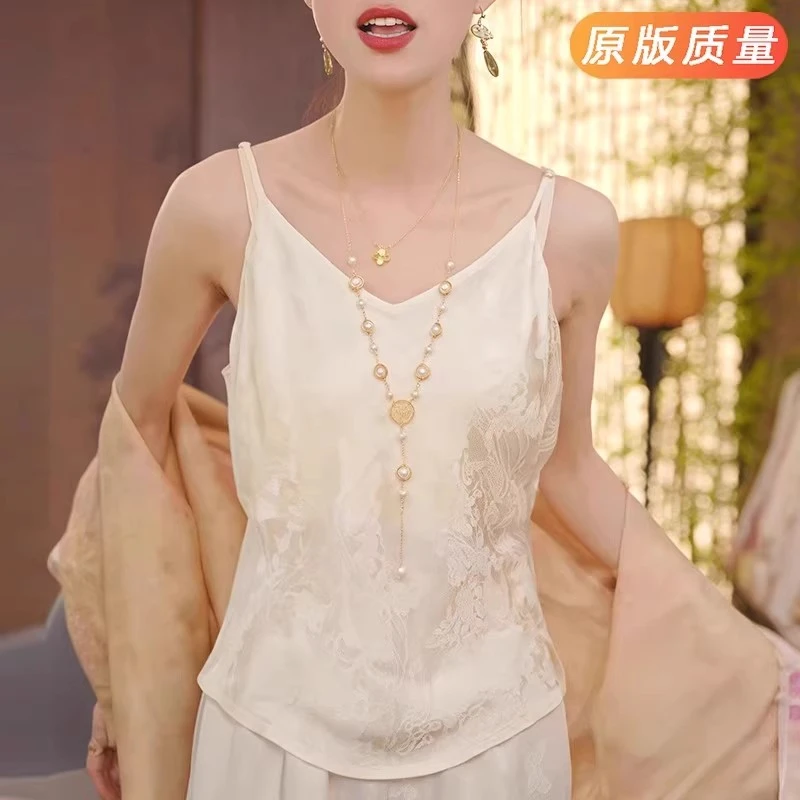 新中式国风无袖上衣女2025夏季新款内搭打底真丝提花缎面吊带背心