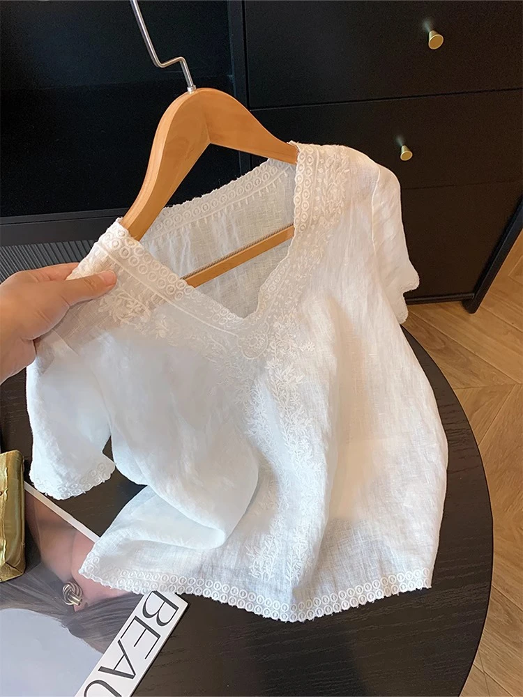 新中式V领刺绣短袖亚麻衬衫t恤女夏设计感显瘦宽松百搭休闲短上衣
