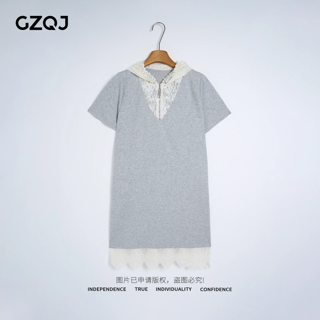广州琴姐【爱丽丝】欧若风时尚显瘦蕾丝连帽短袖连衣裙子夏季35332